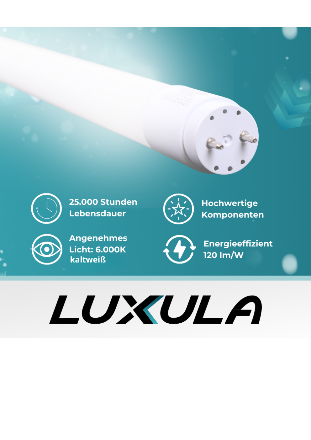 LED T8 Röhre, 60 cm, 120 lm/W, 9 W, 1080 lm, 6000 K (kaltweiß), mit Brücke.