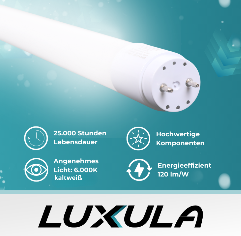 LED T8 Röhre, 150 cm, 120 lm/W, 22 W, 2640 lm, 6000 K (kaltweiß), mit Brücke.