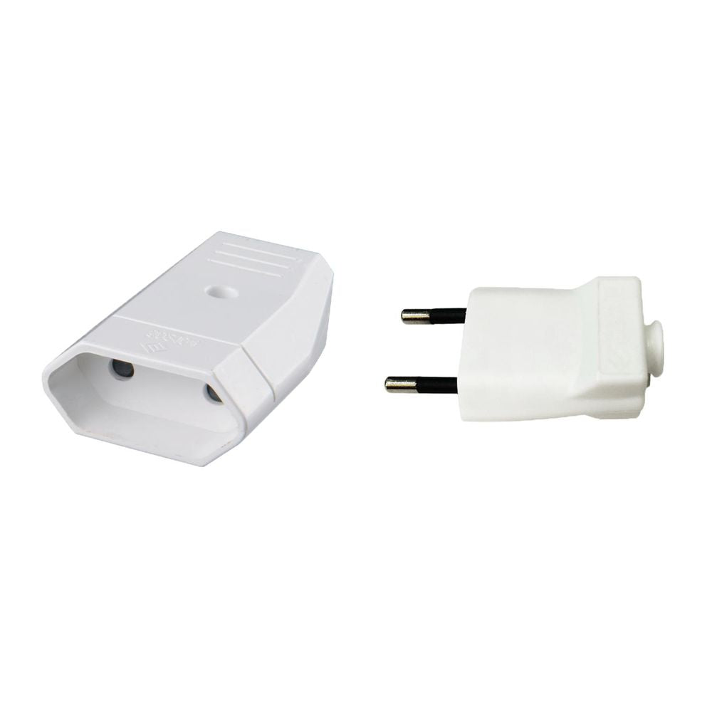 Flachstecker mit Buchse, 250 V, 10 A, Kindersicherung, weiß.