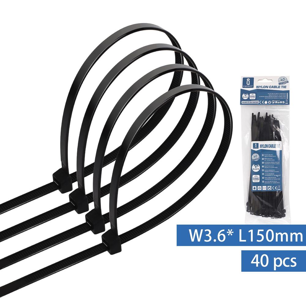 Kabelbinder, 40 Stk., 3,6 x 150 mm, schwarz.