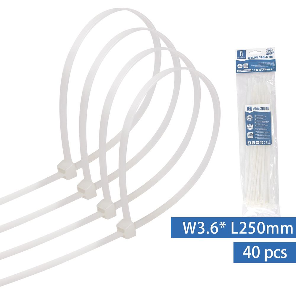 Kabelbinder, 40 Stk., 3,6 x 250 mm, weiß.