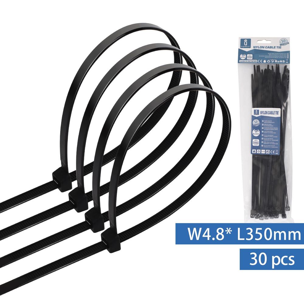 Kabelbinder, 30 Stk., 4,8 x 350 mm, schwarz.