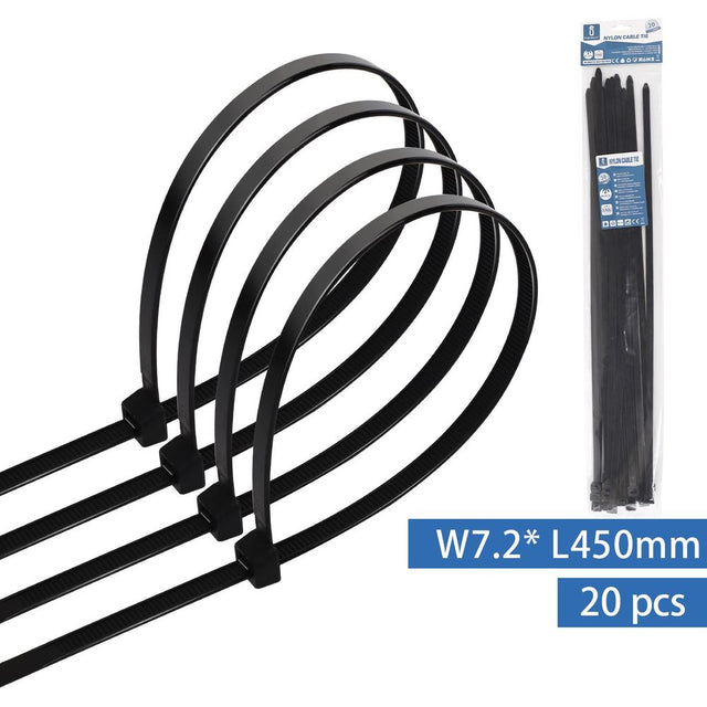 Kabelbinder, 20 Stk., 7,2 x 450 mm, schwarz.