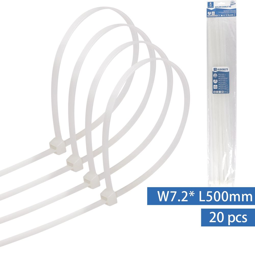 Kabelbinder, 20 Stk., 7,2 x 500 mm, weiß.