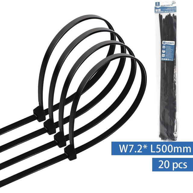 Kabelbinder, 20 Stk., 7,2 x 500 mm, schwarz.