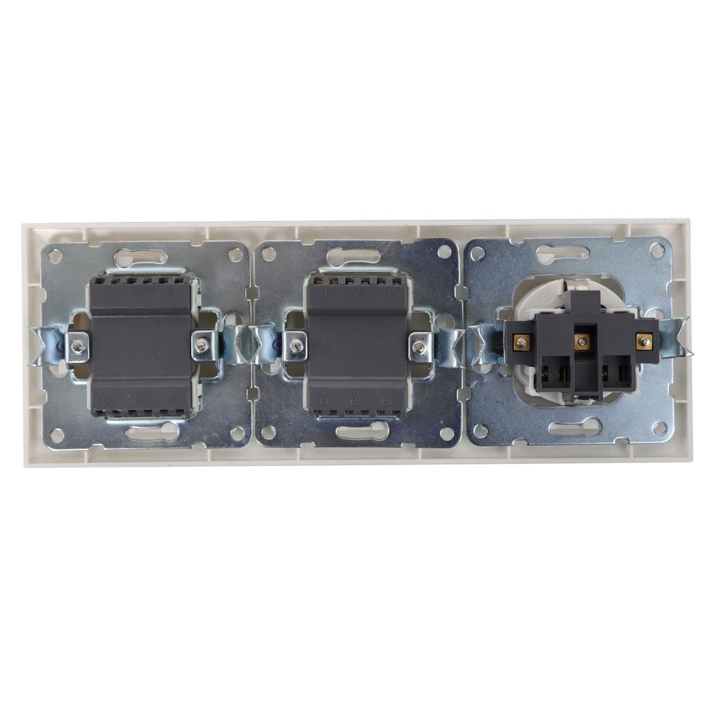 Einbau-Schutzkontakt-Steckdose mit 2 Wechselschaltern, 16 A, 250 V, weiß.