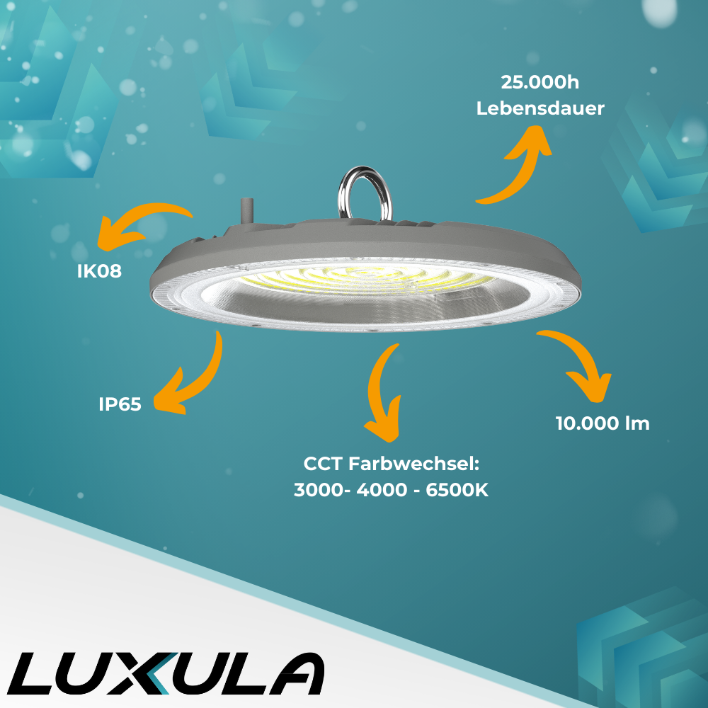 LED-HighBay, UFO, grau, 100 W, 10000 lm, CCT 3000-6500 K (warm-, neutral-, kaltweiß), IP65.