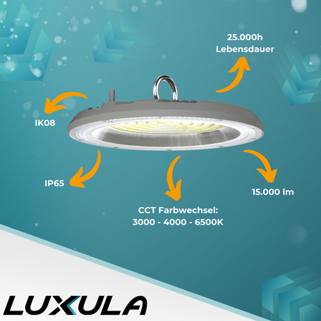 LED-HighBay, UFO, grau, 150 W, 15000 lm, CCT 3000-6500 K (warm-, neutral-, kaltweiß), IP65.