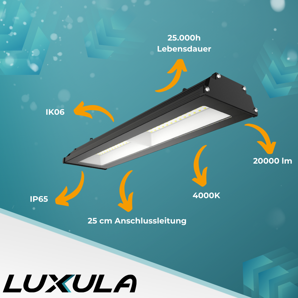 6er Pack LED-Hallenleuchte, linear, 200 W, 20000 lm, 4000 K (neutralweiß), IP65, schwarz.