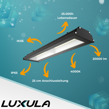 6er Pack LED-Hallenleuchte, linear, 200 W, 20000 lm, 4000 K (neutralweiß), IP65, schwarz.