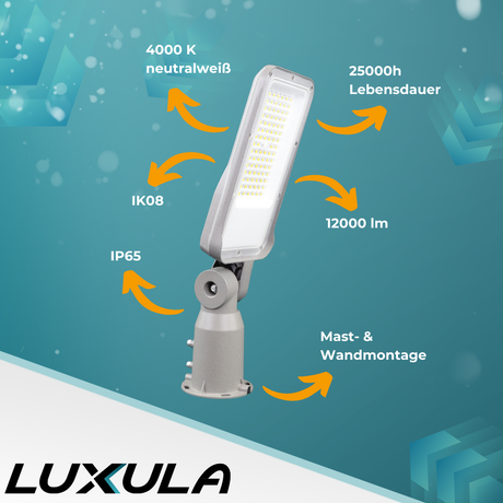 LED Straßenleuchte, grau, 100 W, 12000 lm, 4000 K (neutralweiß), IP65, Wand- und Mastmontage.