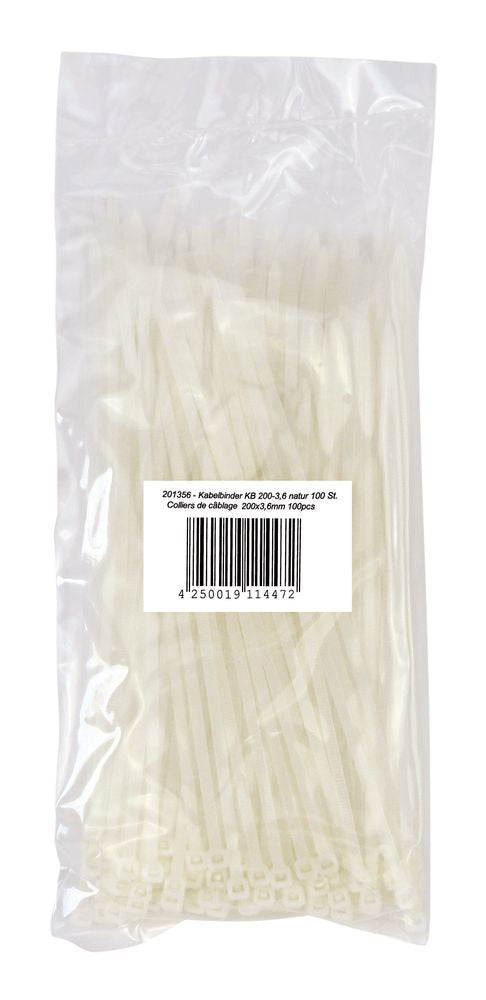 Kabelbinder, 3,6mm, natur, 100 Stück, 203 x 3,6 mm.
