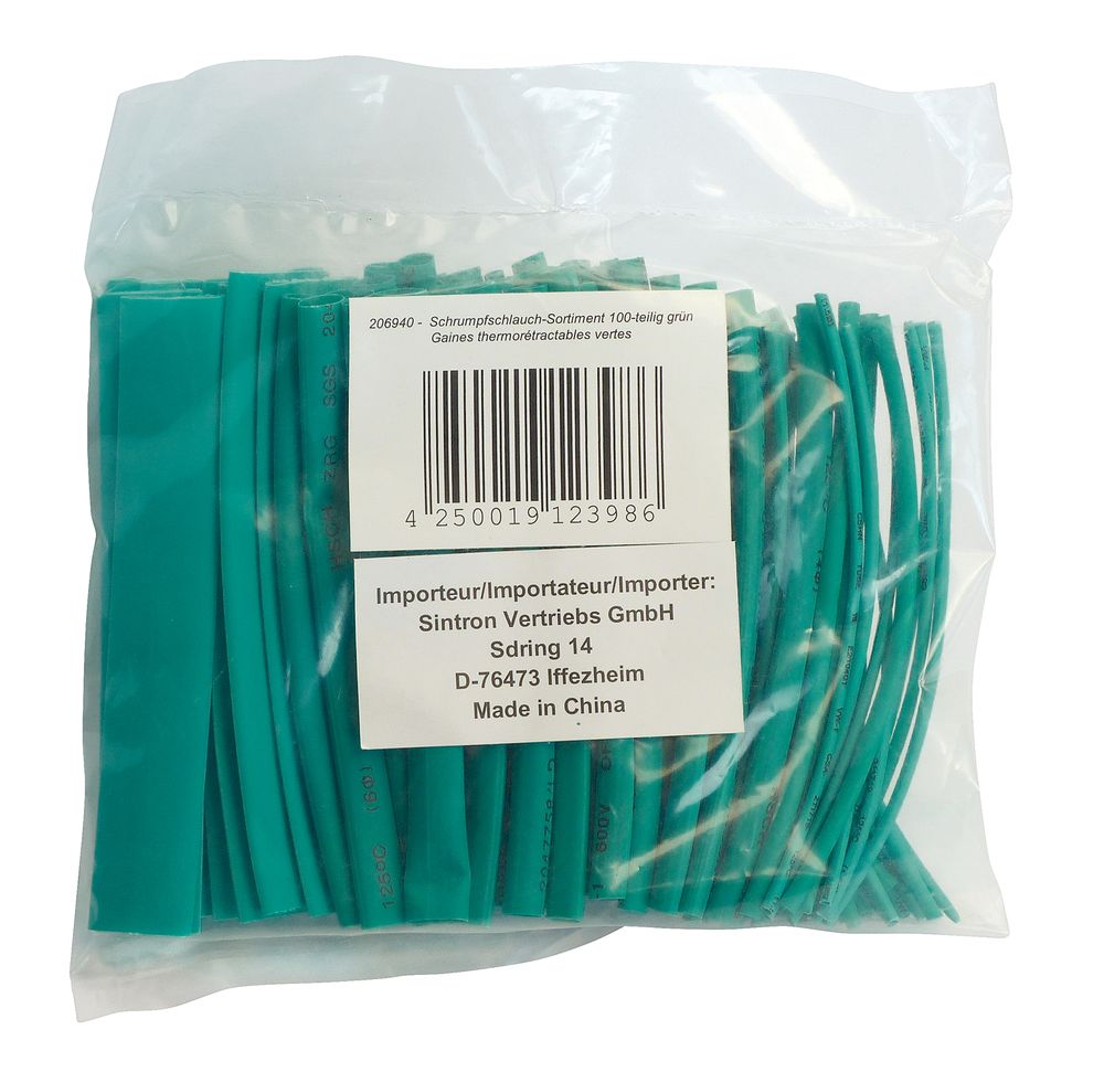 Schrumpfschlauch-Sortiment 100-teilig grün in Sortimentstüte.
