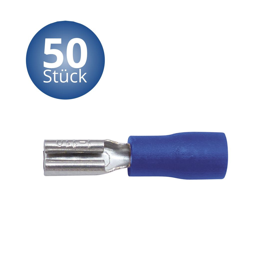 Flachsteckhülsen 0.8 x 2,8 mm, 50 Stück, Blau in Plastikbox.