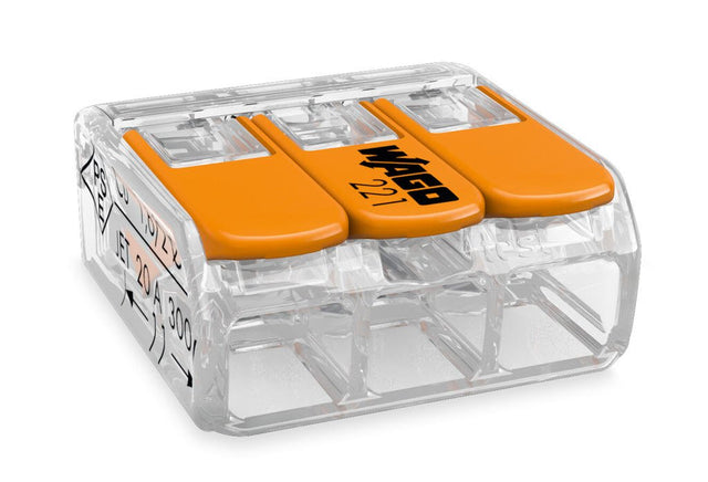 WAGO 221-413, 3-Leiter-Klemme, Leiteranschluss von 0,14 bis 4 mm², 32A, 400V.