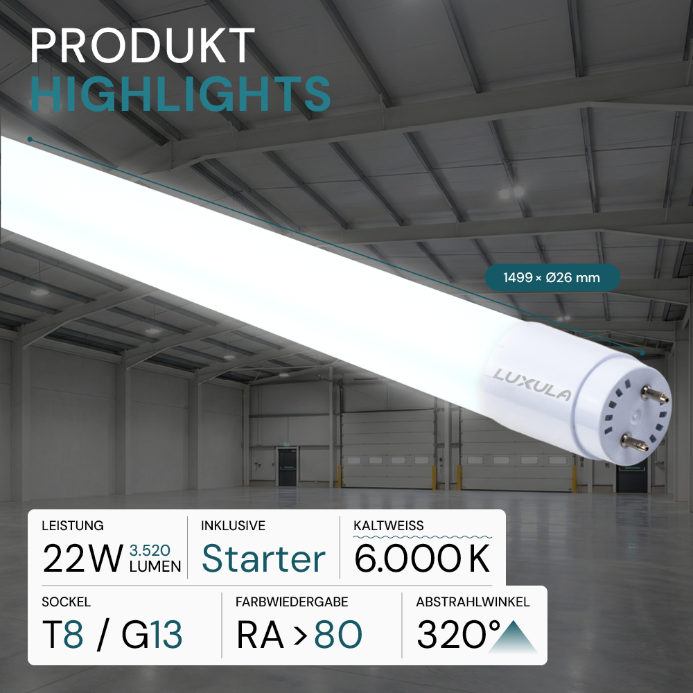 LED T8 Röhre, 150 cm, 160 lm/W, 22 W, 3520 lm, 6000 K (kaltweiß), mit Brücke, hohe Energieeffizienz