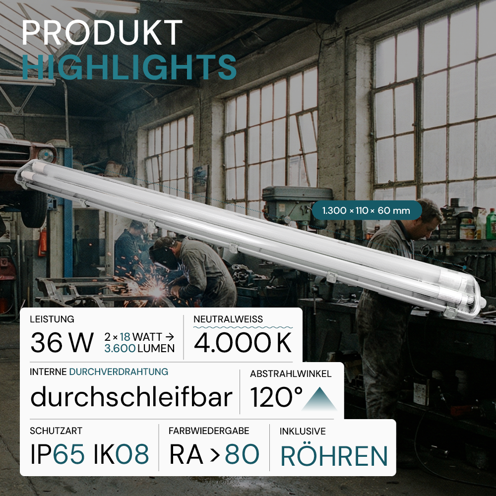 4er Pack LED Wannenleuchte 120cm, inkl 2x18W LED-Röhren T8, 4000K, IP65, IK08