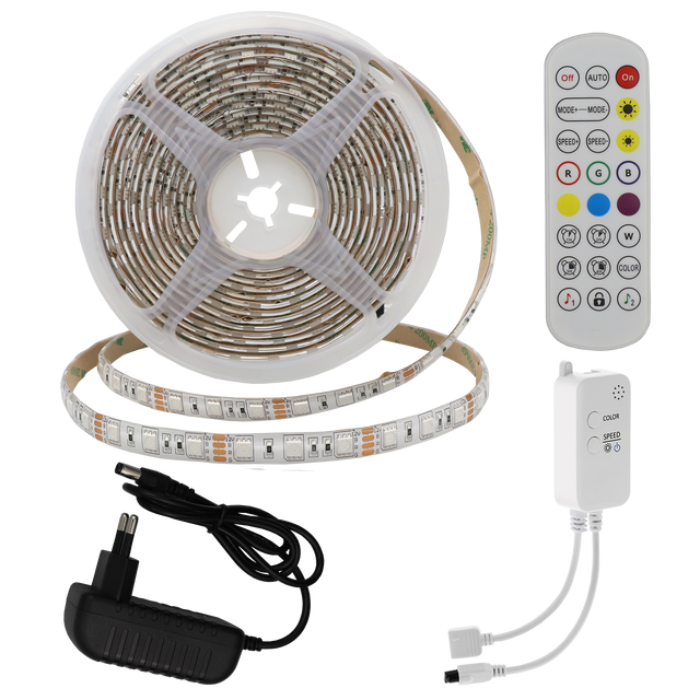 LED-Leuchtstreifen Set, RGB, 12 V, 60 LEDs, Netzteil + APP Steuerung + Bluetooth Music, 5 m, IP54.