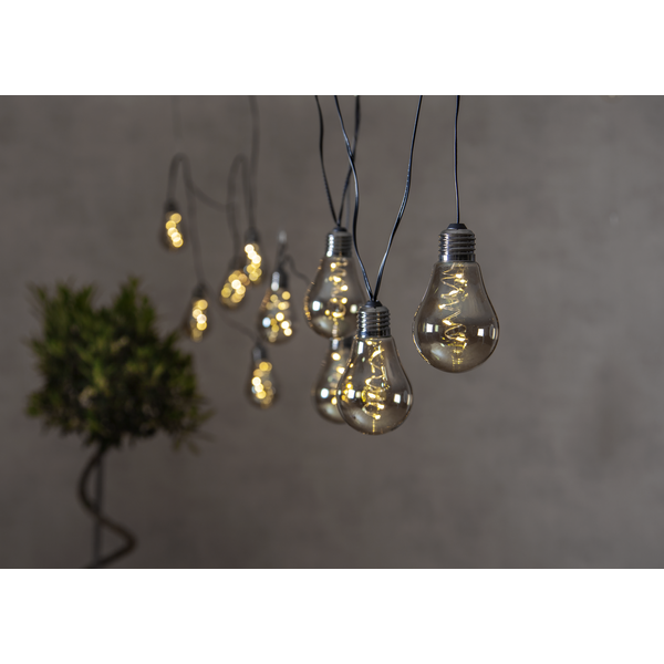 10er Lichterkette mit rauchigem Glas im industrial Design.