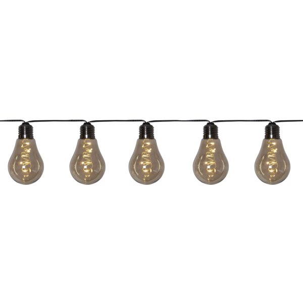 10er Lichterkette mit rauchigem Glas im industrial Design.