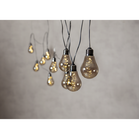10er Lichterkette mit rauchigem Glas im industrial Design.