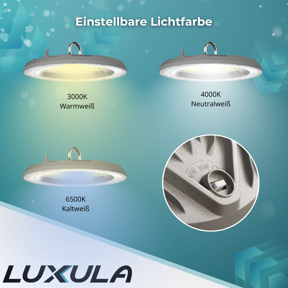 LED-HighBay, UFO, grau, 200 W, 20000 lm, CCT 3000-6500 K (warm-, neutral-, kaltweiß), IP65.