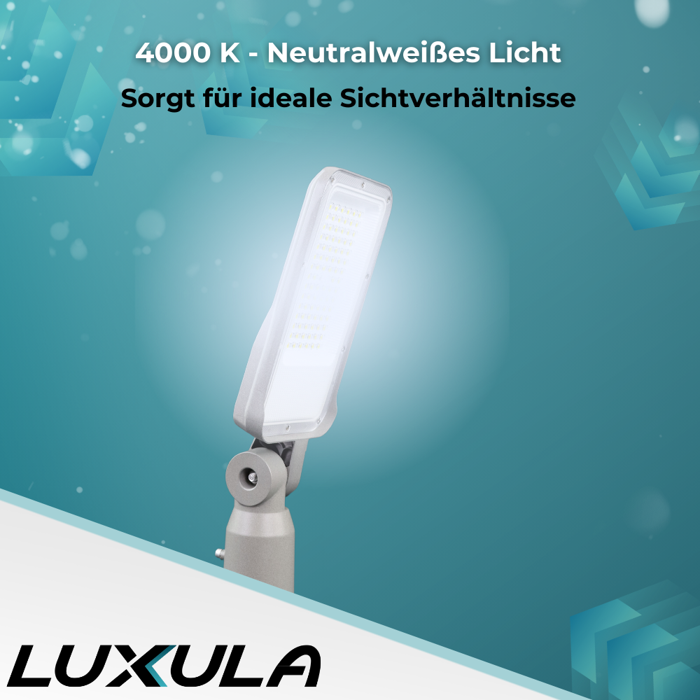 LED Straßenleuchte, grau, 50 W, 6000 lm, 4000 K (neutralweiß), IP65, Wand- und Mastmontage.