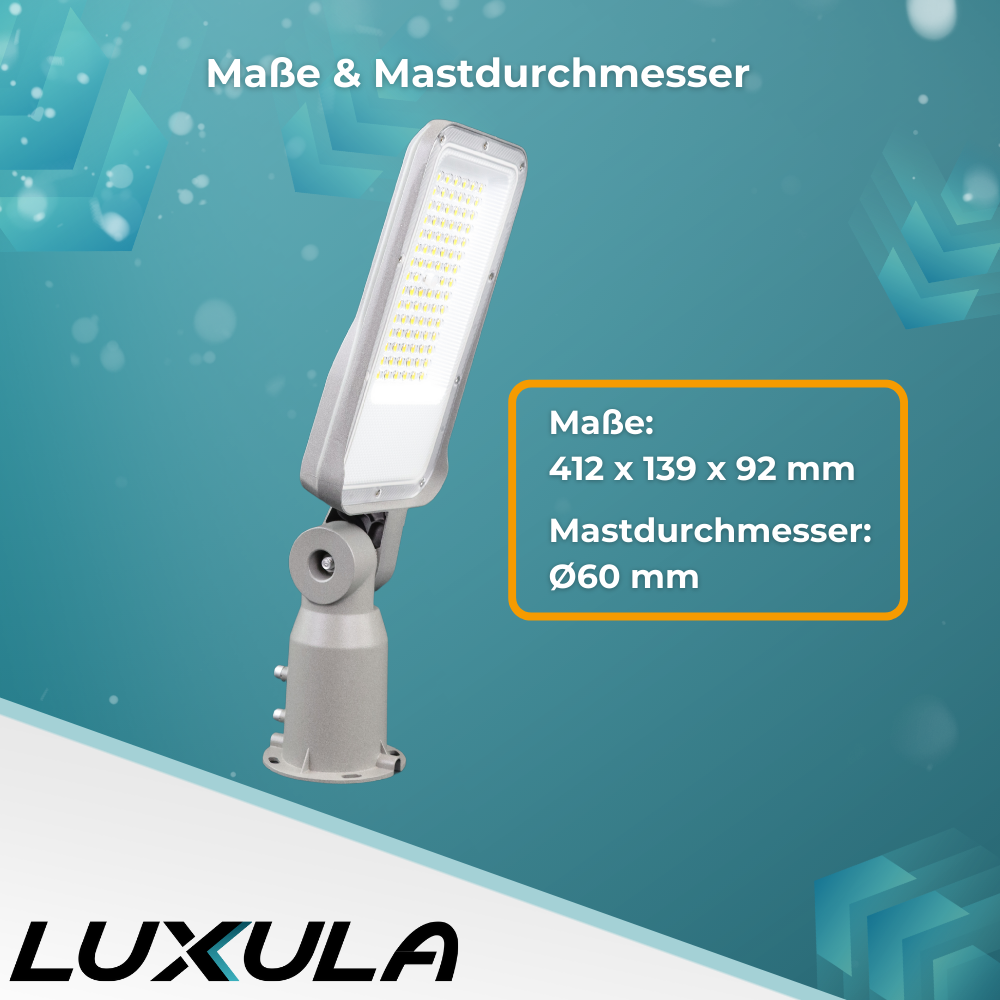 LED Straßenleuchte, grau, 50 W, 6000 lm, 4000 K (neutralweiß), IP65, Wand- und Mastmontage.