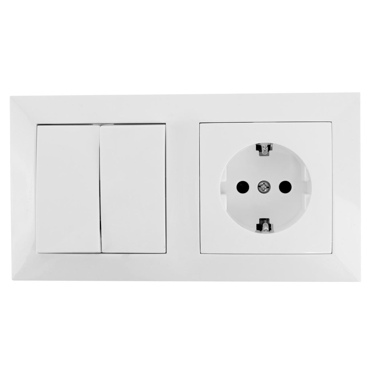 Schutzkontakt-Steckdose mit 2 Aus- Wechselschaltern, 16 A, 250 V, weiß.