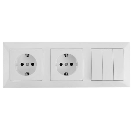 2 x Schutzkontakt-Steckdosen mit 3 x Aus- Wechselschaltern, 16 A, 250 V, weiß.