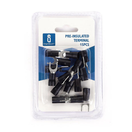 Gabel-Kabelschuhe, isoliert, 15 Stk., 5,5 - 6 mm², 25,5 x 9,8 x 6,7 mm, schwarz.