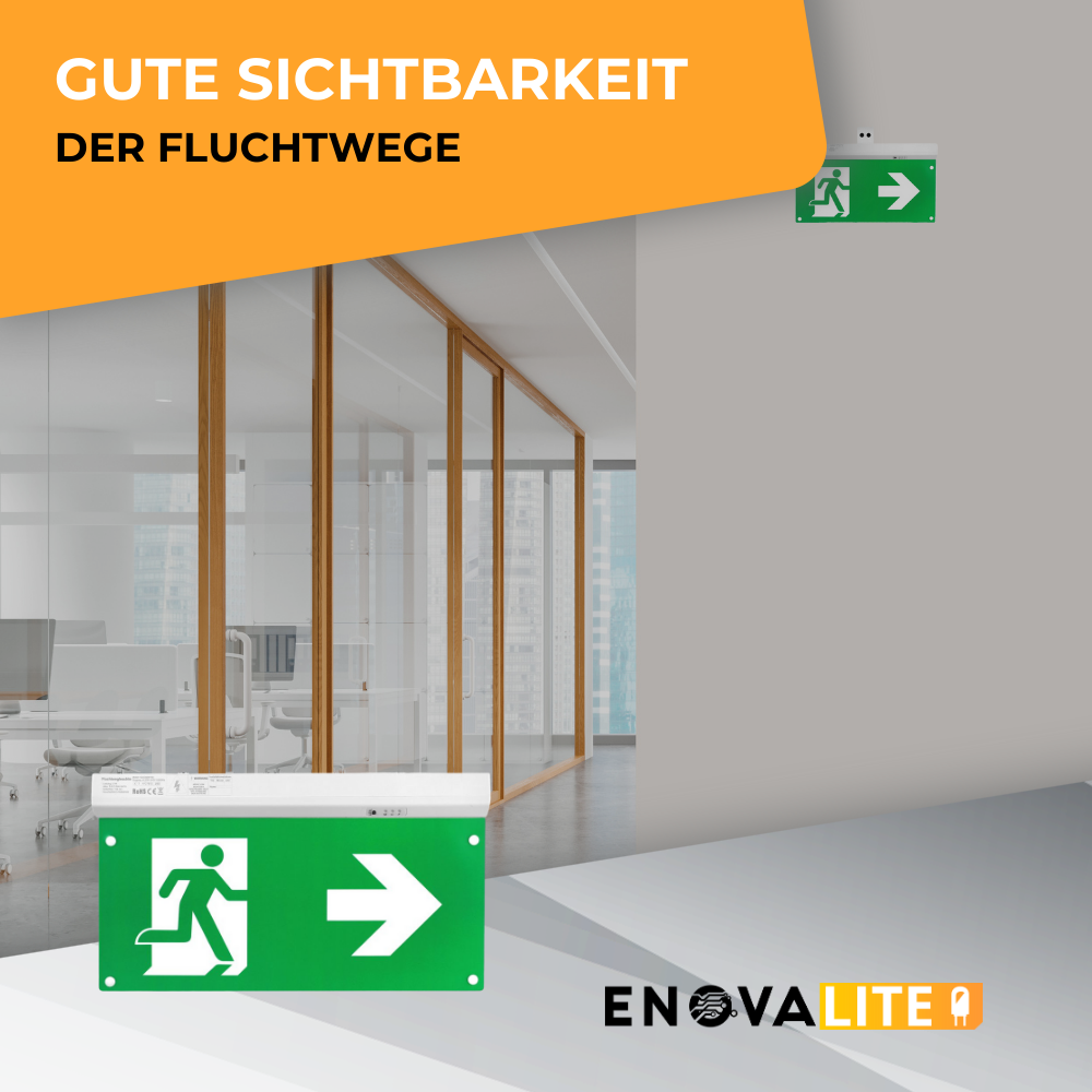 LED-Fluchtwegleuchte 5in1, Notausgang mit Notstromeinheit, TEST-Funktion, Decken- und Wandmontage, Ein- und Aufbau.