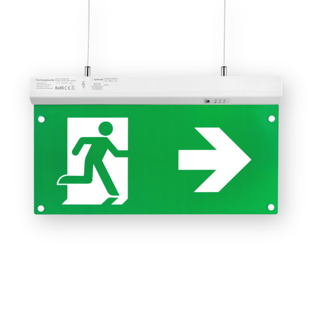 LED-Fluchtwegleuchte 5in1, Notausgang mit Notstromeinheit, TEST-Funktion, Decken- und Wandmontage, Ein- und Aufbau.