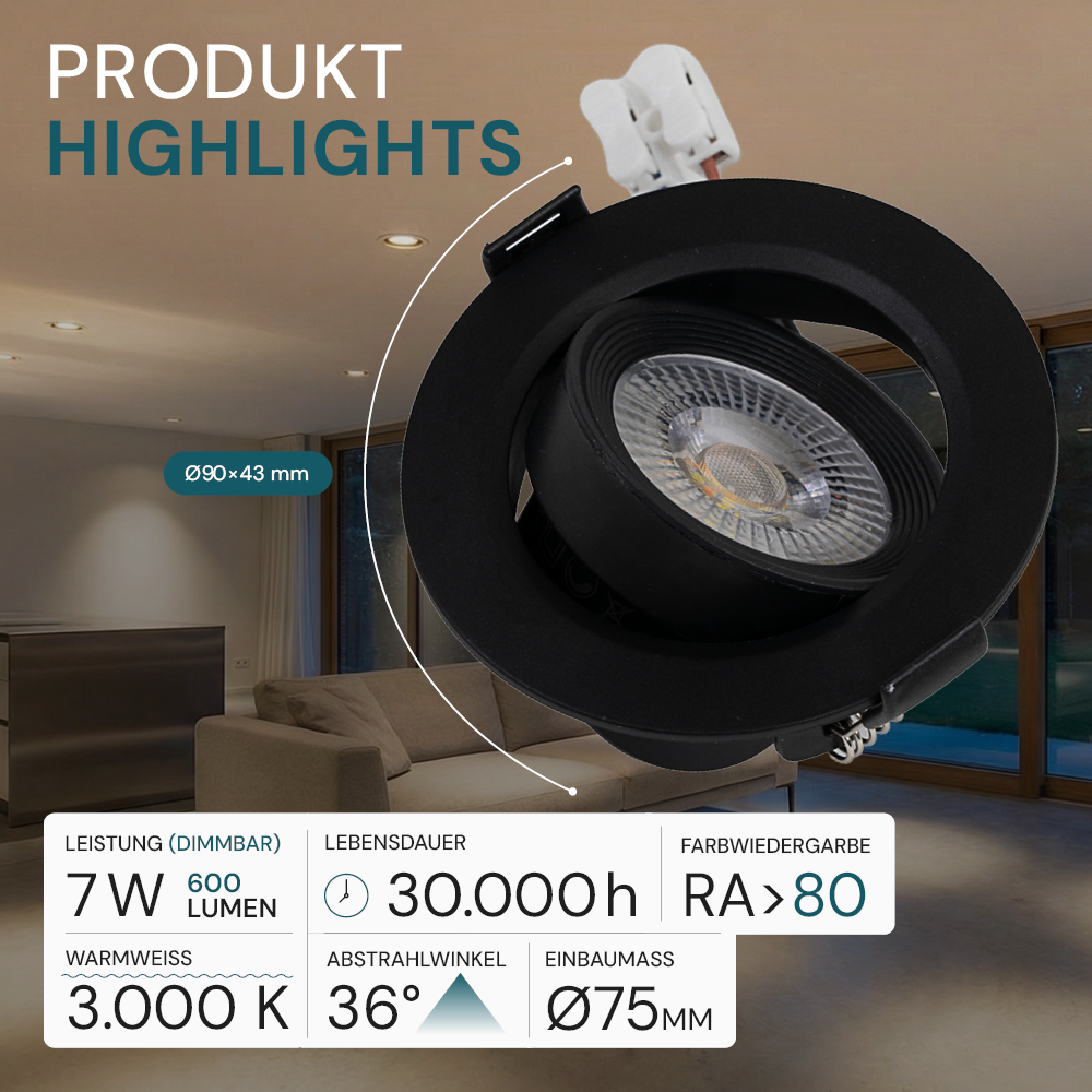 LED Downlight, schwenkbar, in Schwarz, 7 W, 600 lm, 3000 K (warmweiß), 38°, Einbaustrahler