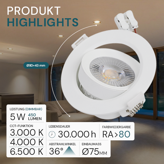 LED CCT Downlight, dimmbar, schwenkbar, in Weiß, 5 W, 450 lm, 3000 - 6500 K (einstellbar), 38°, Einbaustrahler