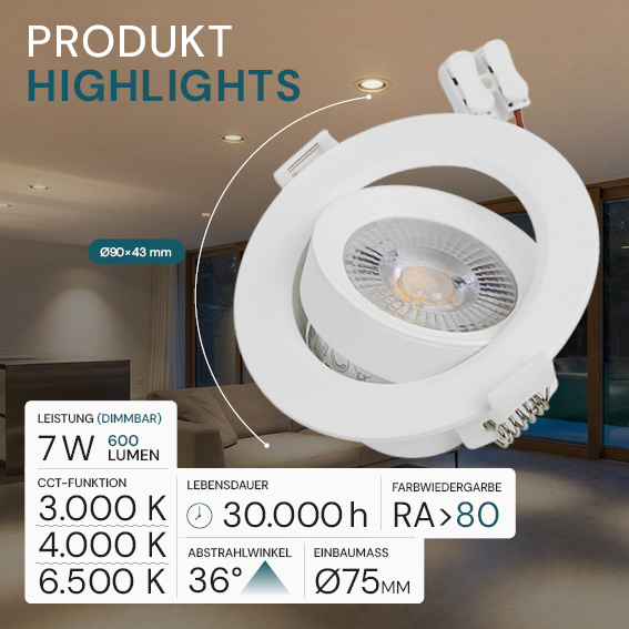 LED CCT Downlight, dimmbar, schwenkbar, in Weiß, 7 W, 600 lm, 3000 - 6500 K (einstellbar), 38°, Einbaustrahler