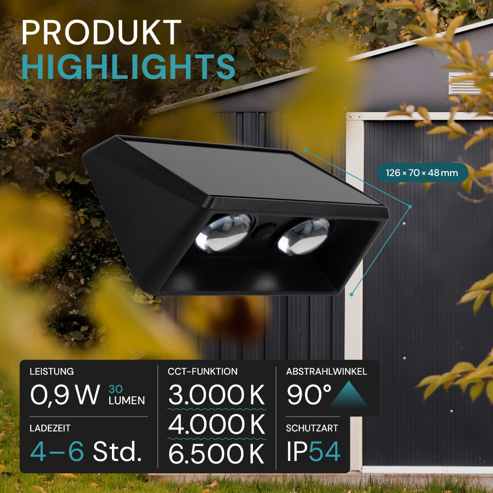 Solar LED Wandleuchte Außen, 2-flammig, 3 Lichtfarben einstellbar (CCT), IP54-wasserdicht, mit Akku, lange Leuchtdauer, Gartenleuchte