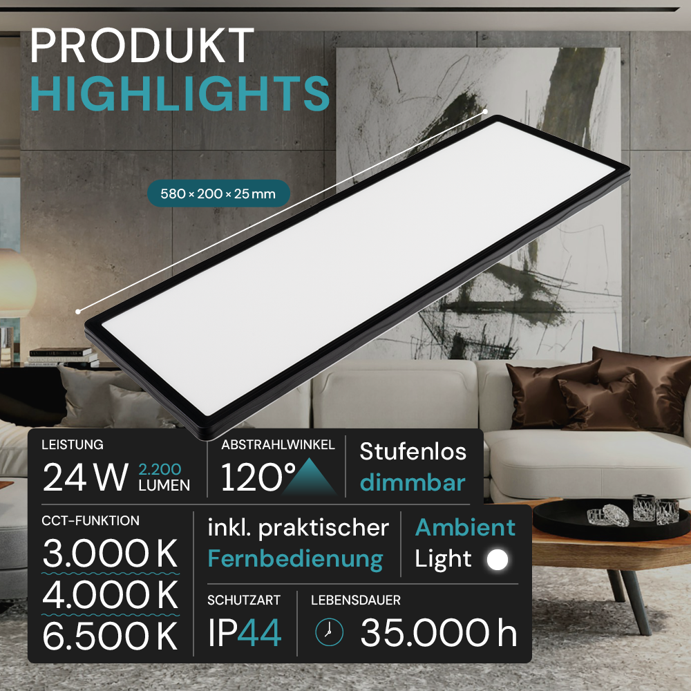 LED-Panel mit Fernbedienung, 58×20 cm, schwarz, 24 W, 2200 lm, IP44 Wassergeschützt, Helligkeit und Lichtfarbe einstellbar