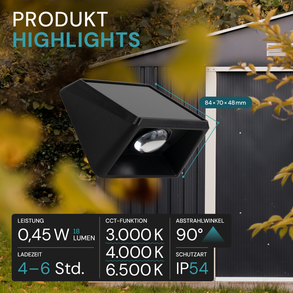 Solar LED Wandleuchte Außen, 1-flammig, 3 Lichtfarben einstellbar (CCT), IP54-wasserdicht, mit Akku, lange Leuchtdauer, Gartenleuchte