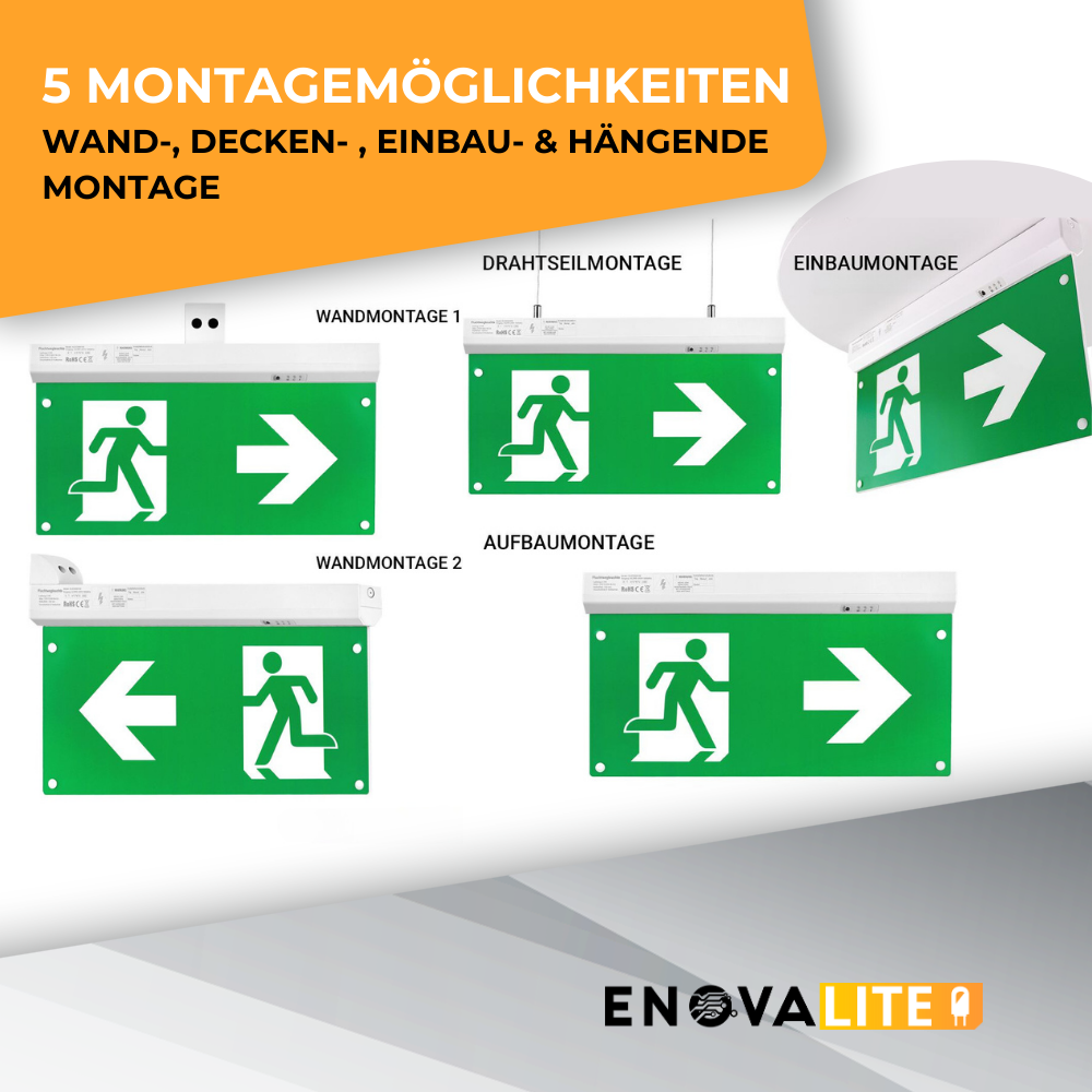 LED-Fluchtwegleuchte 5in1, Notausgang mit Notstromeinheit, TEST-Funktion, Decken- und Wandmontage, Ein- und Aufbau.
