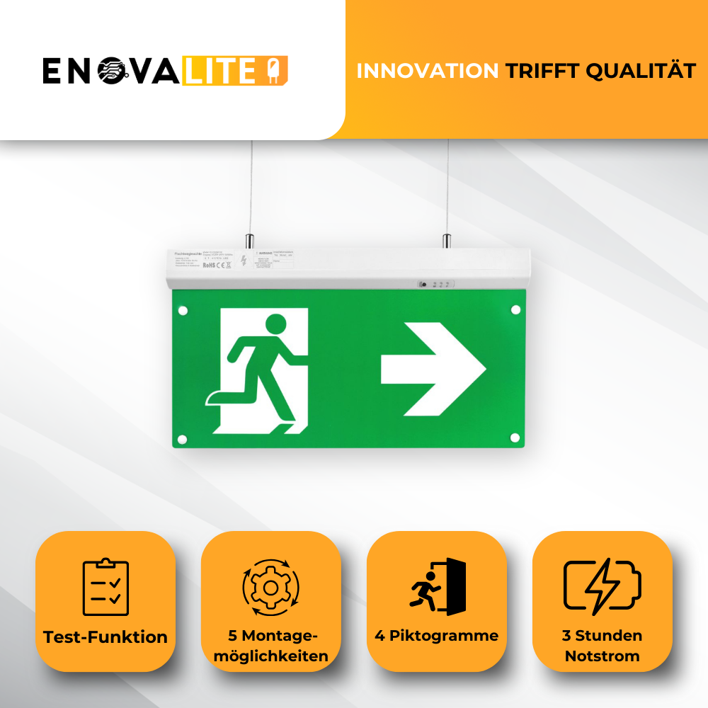 LED-Fluchtwegleuchte 5in1, Notausgang mit Notstromeinheit, TEST-Funktion, Decken- und Wandmontage, Ein- und Aufbau.