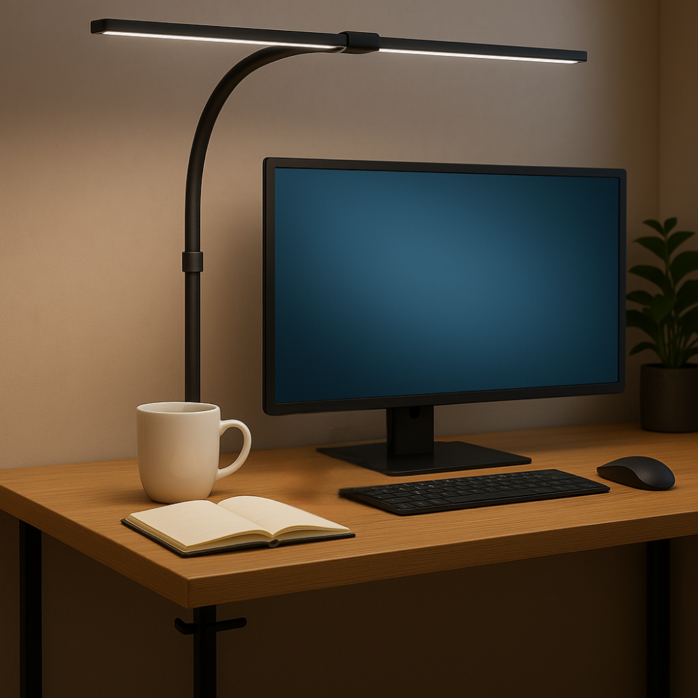 LED-Schreibtischlampe, Doppelkopf, in Schwarz, dimmbar, 5 Farbtemperaturstufen, 24 W, 800 lm, klemm- und verstellbare Monitorlampe.