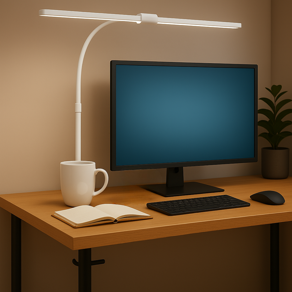 LED-Schreibtischlampe, Doppelkopf, in Weiß, dimmbar, 5 Farbtemperaturstufen, 24 W, 800 lm, klemm- und verstellbare Monitorlampe.