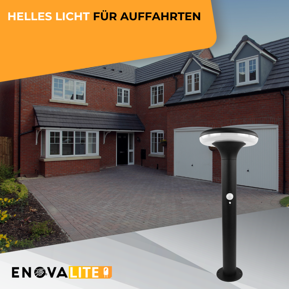 Solar Wegeleuchte mit PIR Sensor, rund, 3000 K (warmweiß), 12 Stunden Leuchtzeit, 3 Lichtmodi, IP54-Wasserdicht, aus Aluminium.