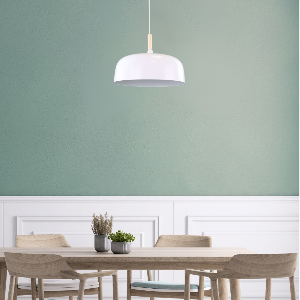Moderne Pendelleuchte in weiß, runde Form, aus Metall, E27-Fassung, IP20, Ø30 cm.