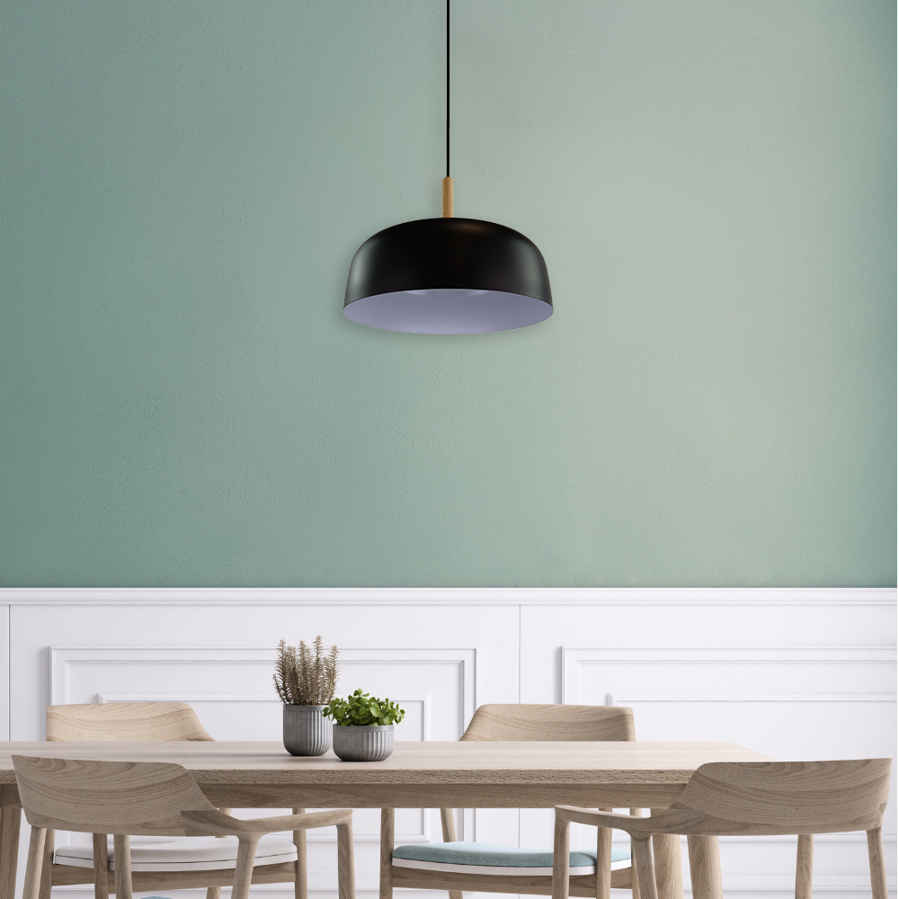 Moderne Pendelleuchte in schwarz, runde Form, aus Metall, E27-Fassung, IP20, Ø30 cm.