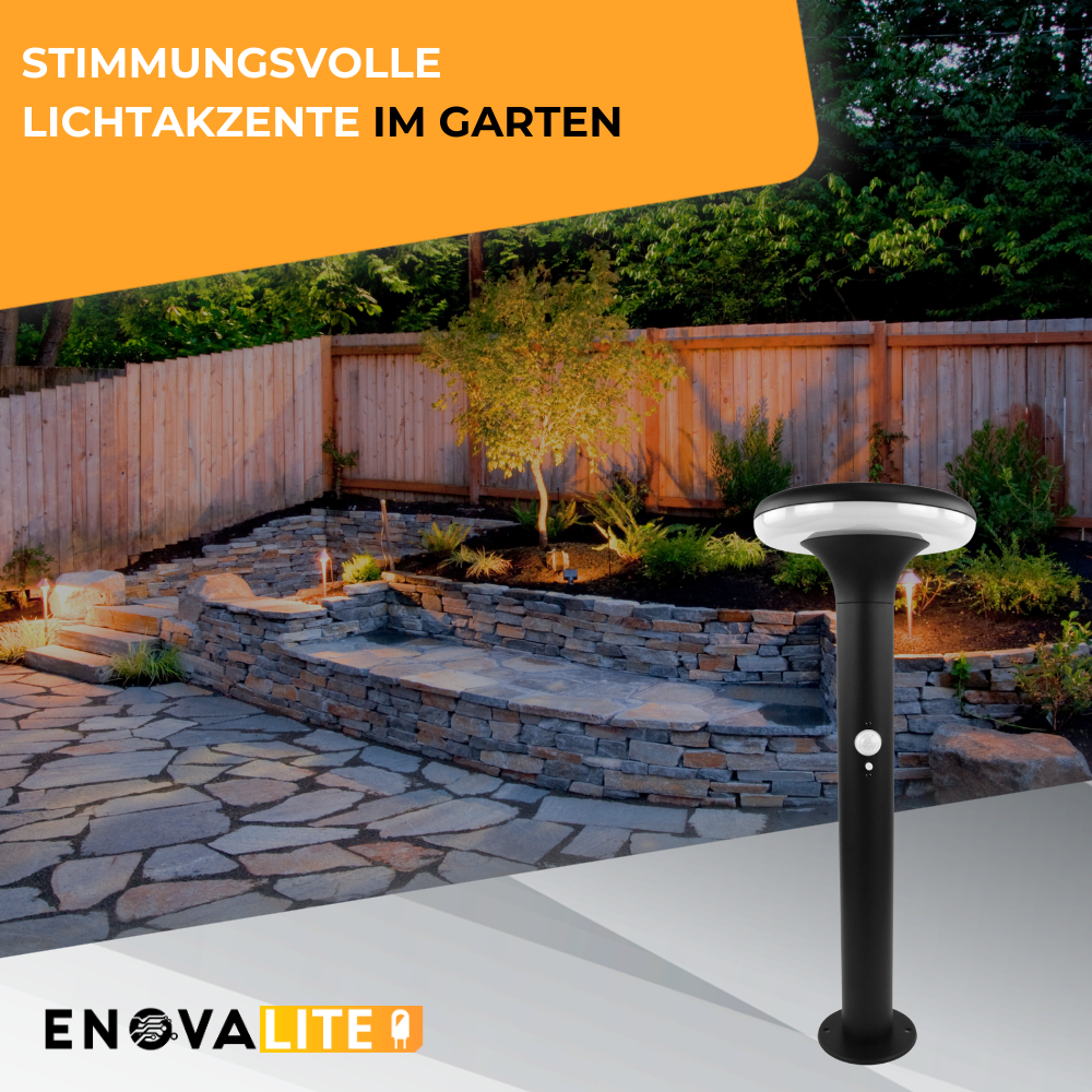 Solar Wegeleuchte mit PIR Sensor, rund, 3000 K (warmweiß), 12 Stunden Leuchtzeit, 3 Lichtmodi, IP54-Wasserdicht, aus Aluminium.