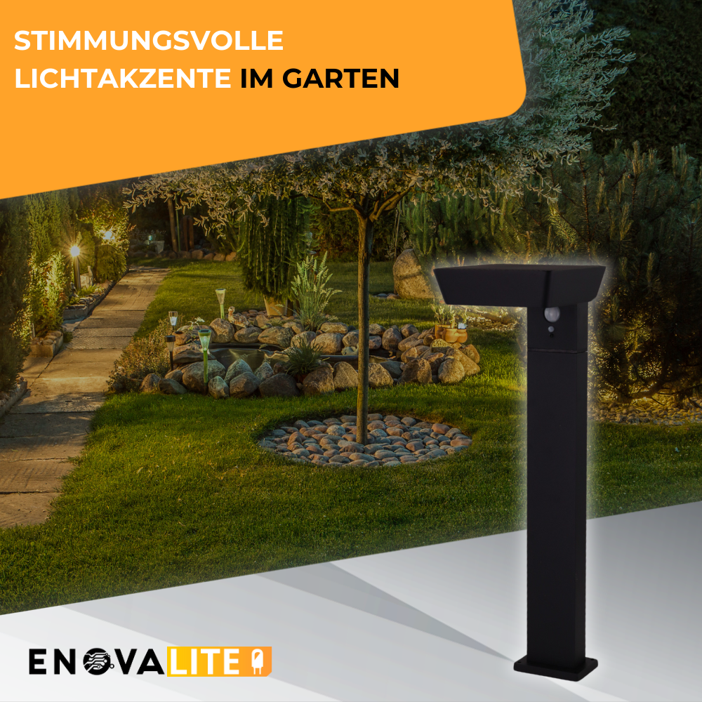 Solar Wegeleuchte mit PIR Sensor, eckig, 3000 K (warmweiß), 12 Stunden Leuchtzeit, 3 Lichtmodi, IP54-Wasserdicht, aus hochwertigem Aluminium.