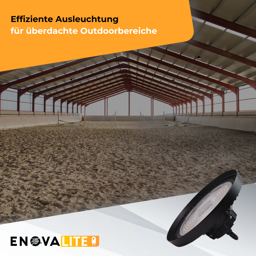 LED-HighBay, UFO, 150 W, 5000 K (neutralweiß), 25500 lm, IP65, LIFUD Netzteil, dimmbar, hohe Energieeffizienz.