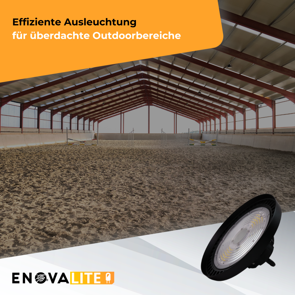 LED-HighBay, UFO, Leistung und Lichtfarbe einstellbar, 100/150/200 W, 3500-5500 K, 14000-28000 lm, IP65, LIFUD, 0-10V dimmbar, 9-in-1 Leuchte, energieeffizient.